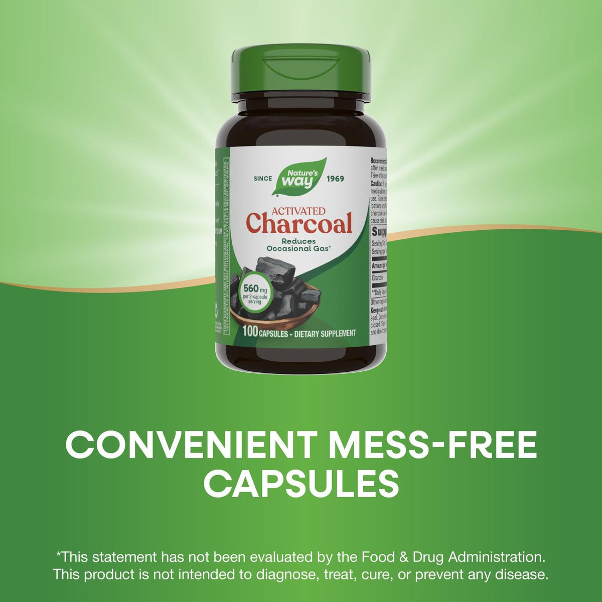 Nature's Way Activated Charcoal, Binds Unwanted Materials and Gas in the Digestive Tract*, 560 mg per 2-Capsule Serving, Nature's Way