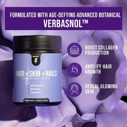 InnoSupps Hair + Skin + Nails Supplement | Vegan Collagen Booster | Biotin, B12, Horsetail Herb Powder | Stimulate Hair Growth, Revitalize Skin, Strengthen Nails | 60 Capsules