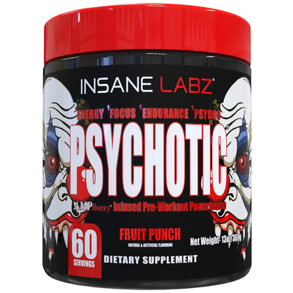 Insane Labz Psychotic, High Stimulant Pre Workout Powder, Extreme Lasting Energy, Focus and Endurance with Beta Alanine, Creatine Monohydrate DMAE, 35 Srvgs (Fruit Punch)