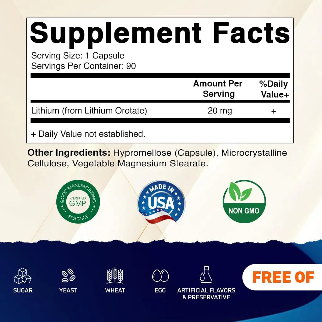 Vitamatic Lithium Orotate 20mg, 90 Capsules - Veggie Caps, Non-GMO, Gluten Free Vitamatic