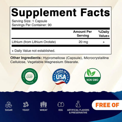 Vitamatic Lithium Orotate 20mg, 90 Capsules - Veggie Caps, Non-GMO, Gluten Free Vitamatic