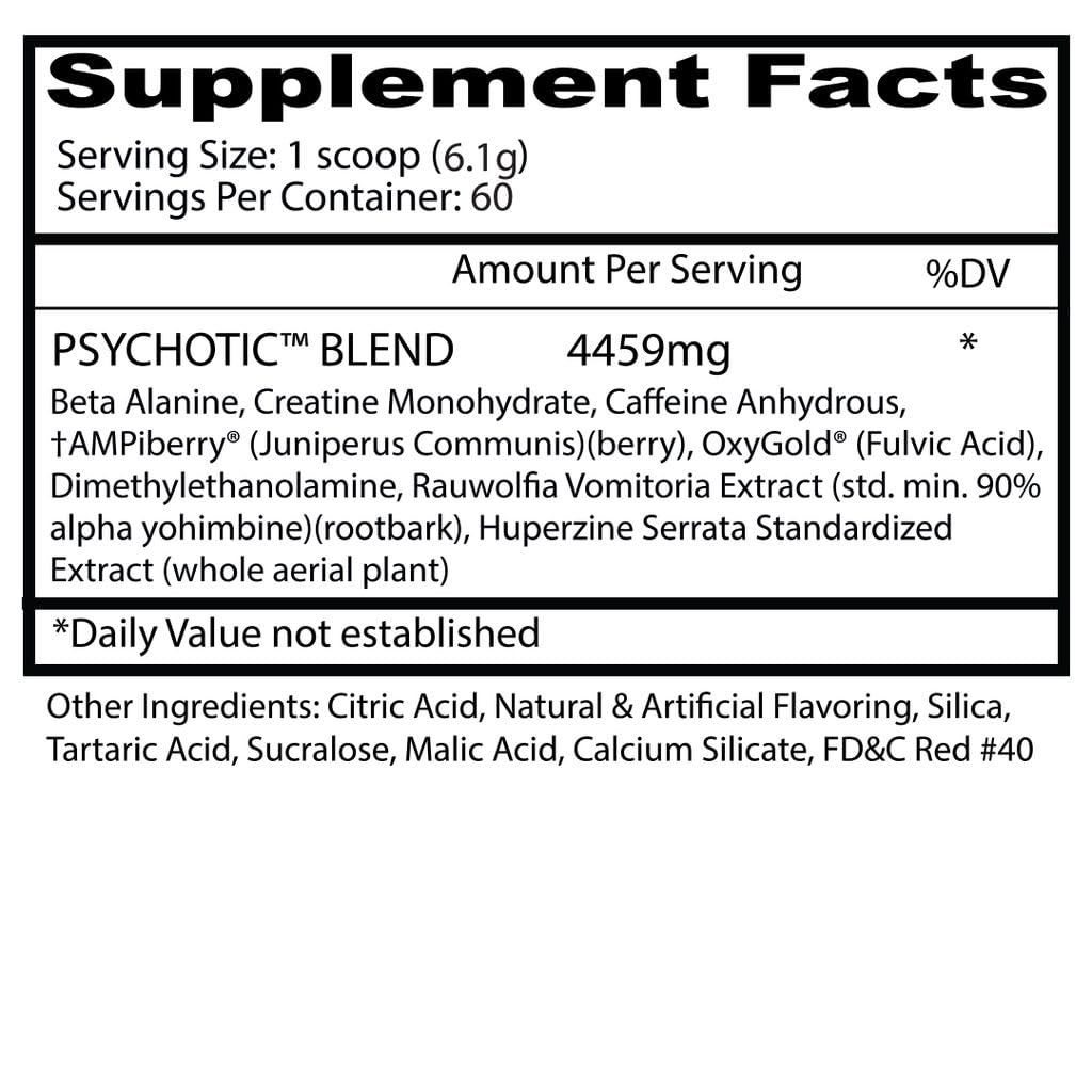 Insane Labz Psychotic, High Stimulant Pre Workout Powder, Extreme Lasting Energy, Focus and Endurance with Beta Alanine, Creatine Monohydrate DMAE, 35 Srvgs (Fruit Punch)