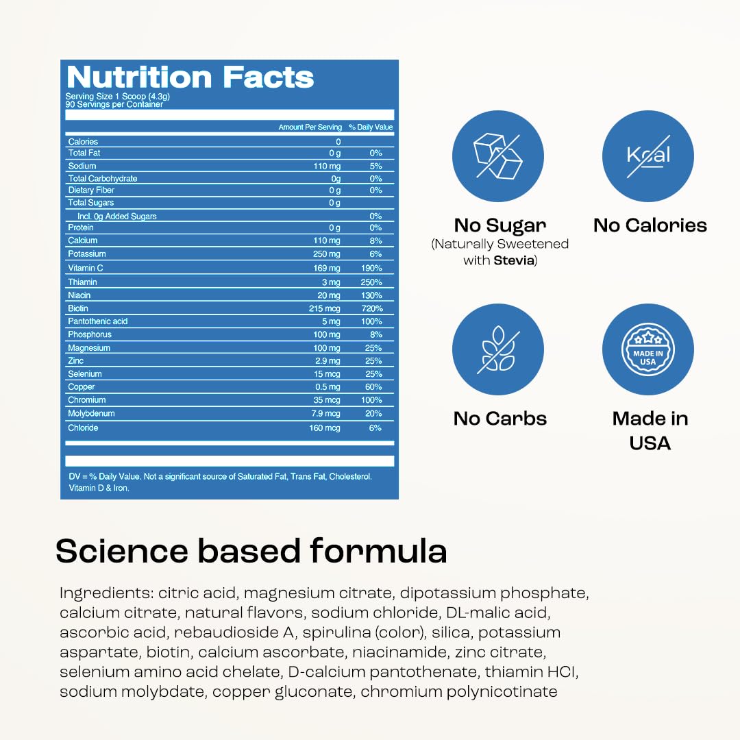 KEY NUTRIENTS Multivitamin Electrolytes Powder No Sugar - Sweet Blue Raspberry Electrolyte Powder - Endurance & Energy Supplement - Hydration Powder KEY NUTRIENTS