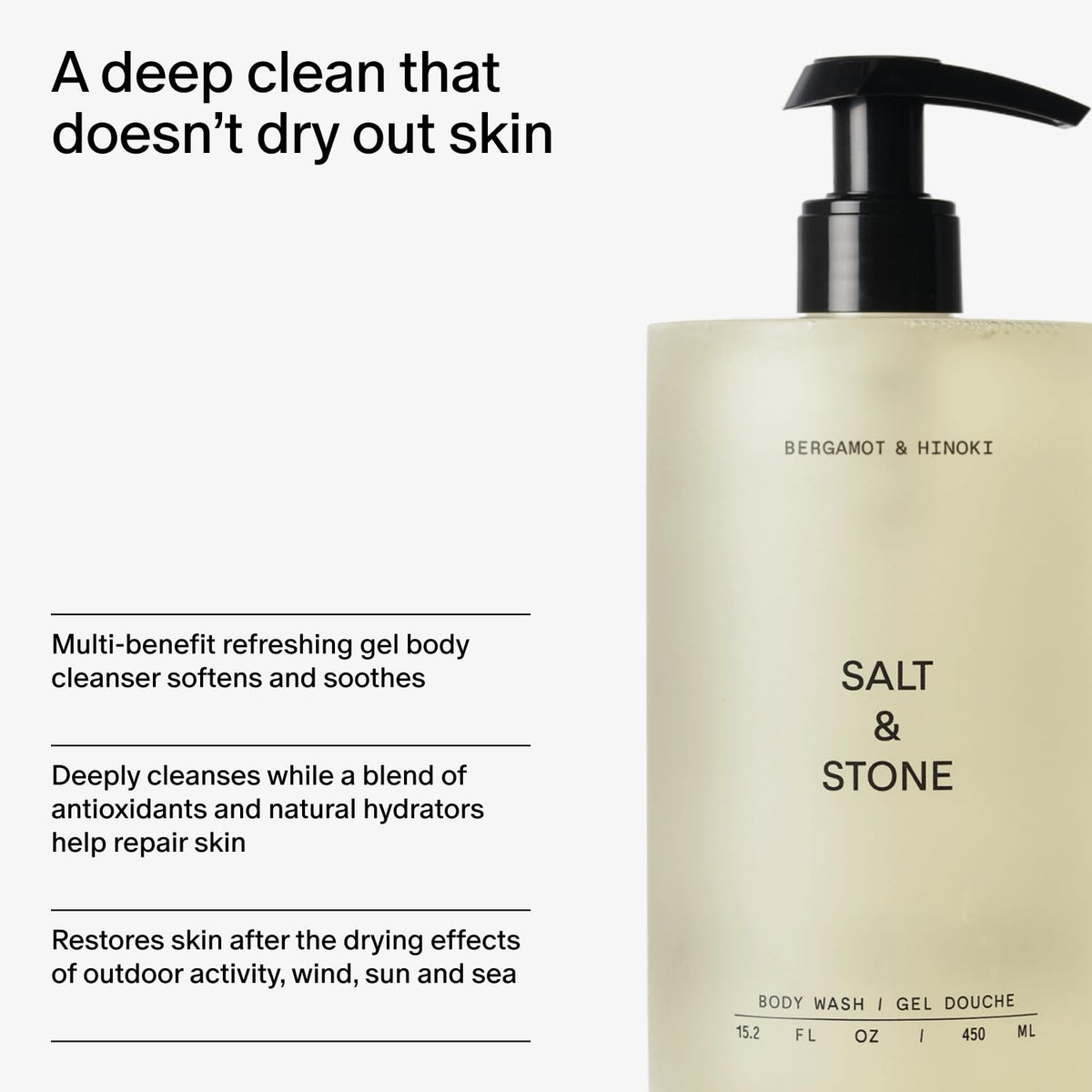 Salt & Stone Body Wash for Women & Men, Bergamot & Hinoki 15.2 fl oz Salt & Stone