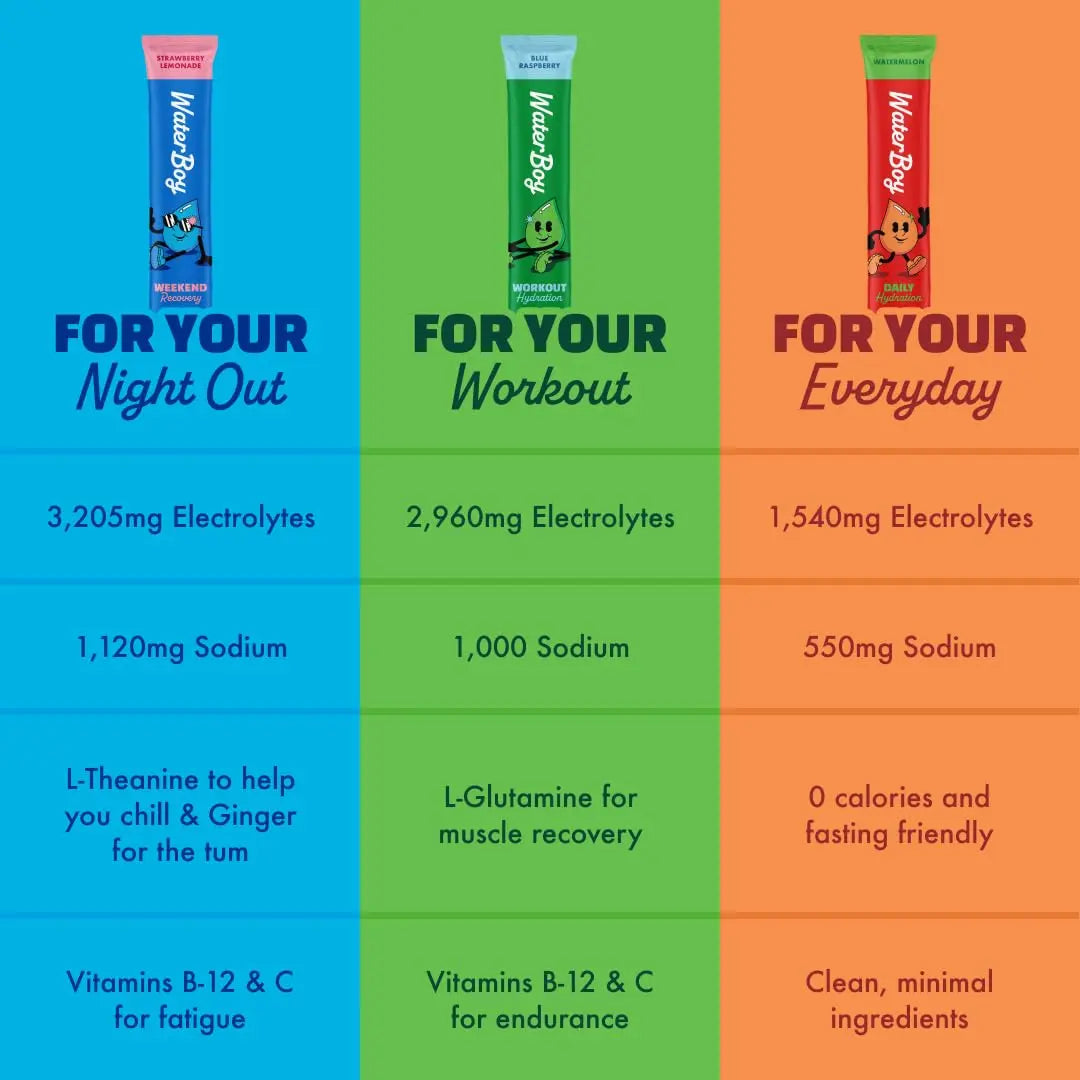 Waterboy Workout Hydration | 2,960mg Sugar Free Electrolyte Powder Packets | L-Glutamine + Vitamins | No Sugar, All Natural, Gluten Free (Variety) Waterboy