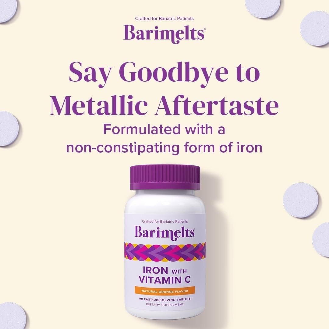 Barimelts Iron with Vitamin C, 90 Fast-Dissolving Tablets (1-Month Supply), Sugar-Free Bariatric Iron Supplement for Women, Natural Orange Flavor BariMelts