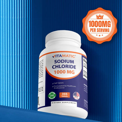 Vitamatic Sodium Chloride 1000mg – 365 Tablets Electrolyte Replenisher & Hydration Support – Non-GMO, Gluten-Free Vitamatic