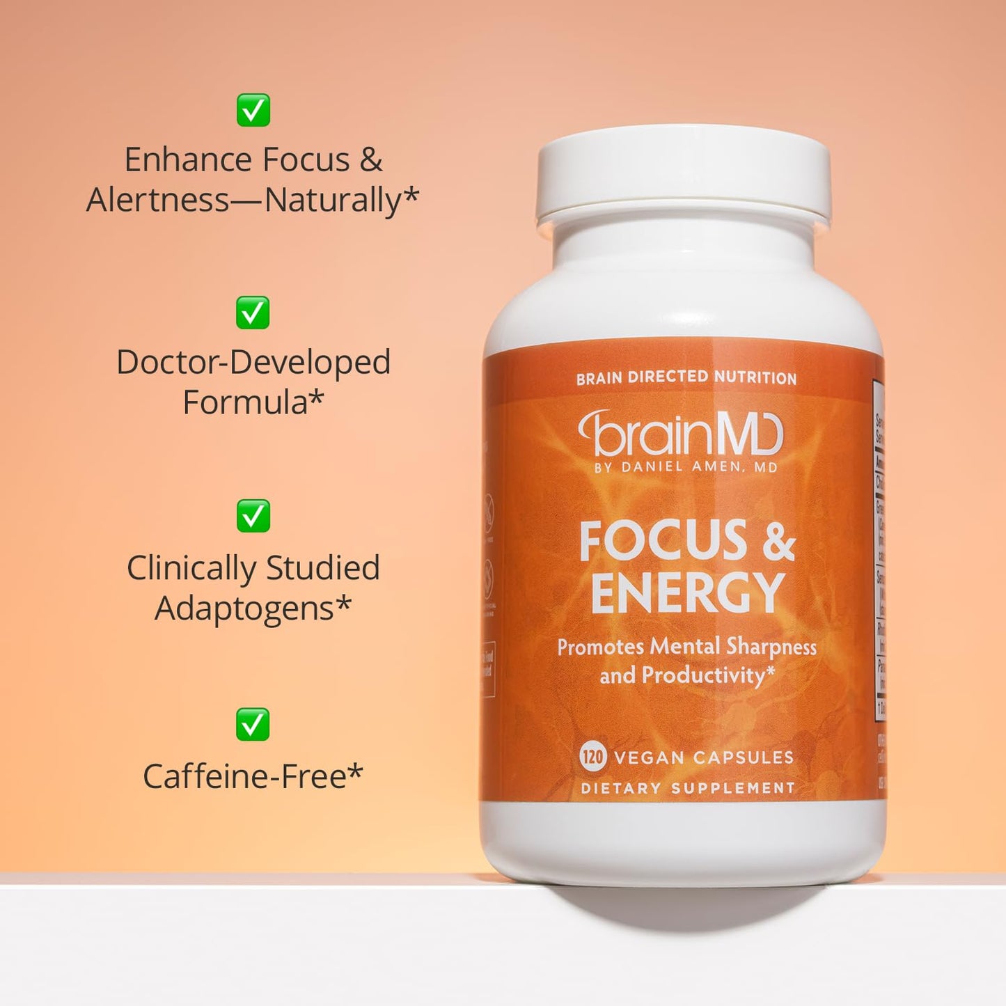 BRAINMD Dr Amen Focus & Energy - 120 Capsules - Mental Endurance Booster, Promotes Concentration & Attention - Caffeine Free, Gluten Free - 30 Servings