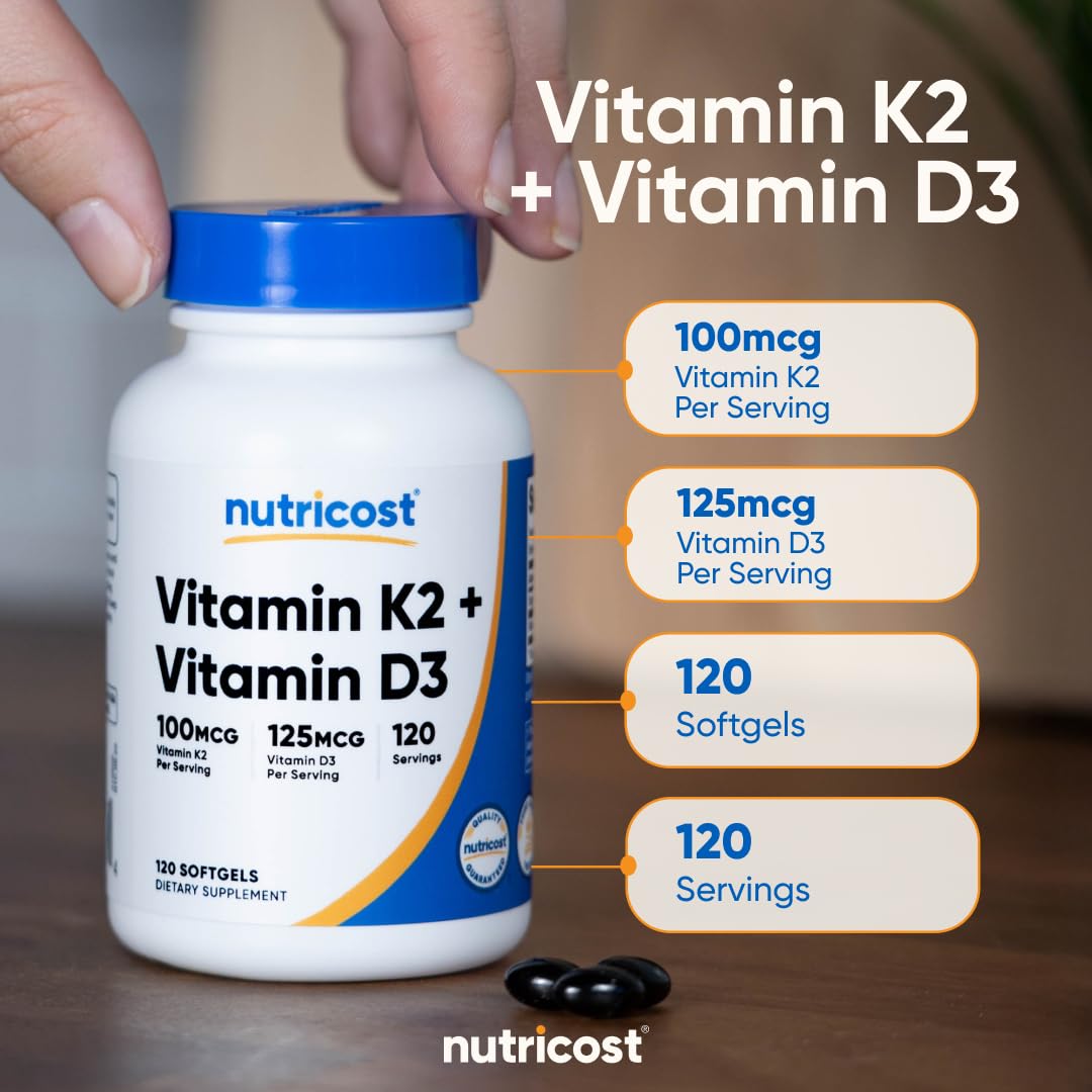 Nutricost Vitamin D3 + K2 (5000 IU D3 / 100mcg MK7), 120 Softgels – Gluten-Free & Non-GMO Nutricost