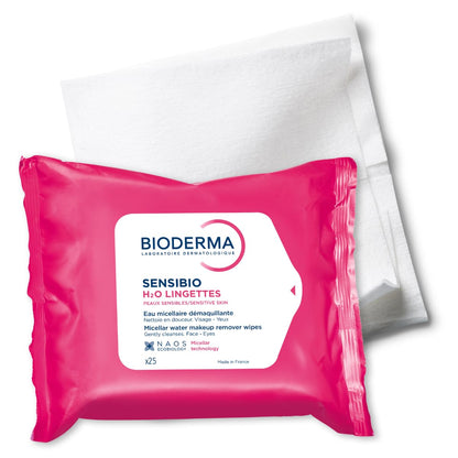Bioderma Sensibio H2O Makeup Wipes, Cleansing and Makeup Removing, Skin Soothing for Sensitive Skin, 25 Wipes Bioderma