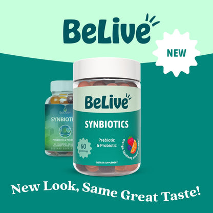 BeLive Synbiotics - Probiotic & Prebiotic Fiber Gummies – High Strength Inulin (3g), Dietary Fiber Supplement, Digestive Support for Kids & Adults - Strawberry, Orange, BeLive