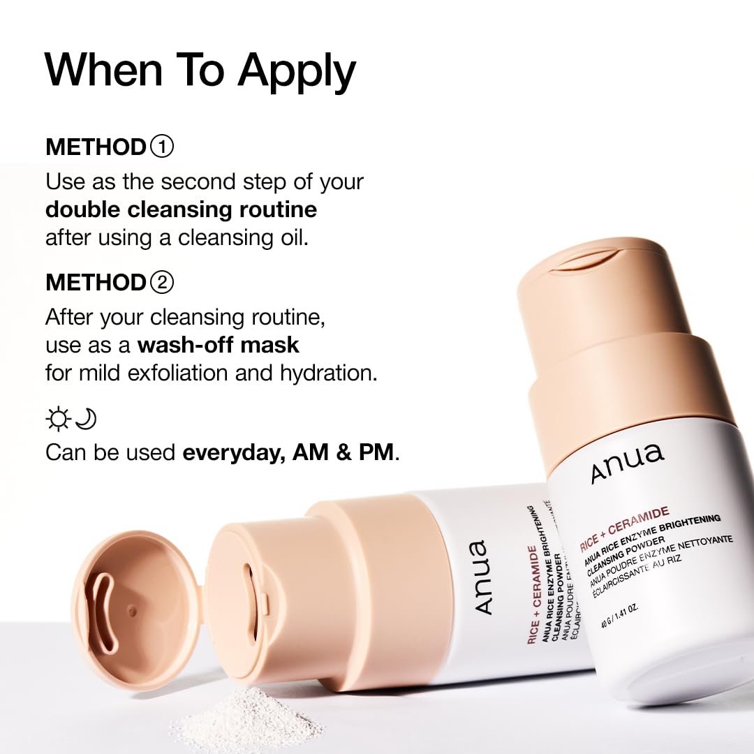 ANUA Rice Enzyme Brightening Cleansing Powder, Exfoliating Powder-to-Foam Cleanser, Smooth Texture & Clarity ANUA