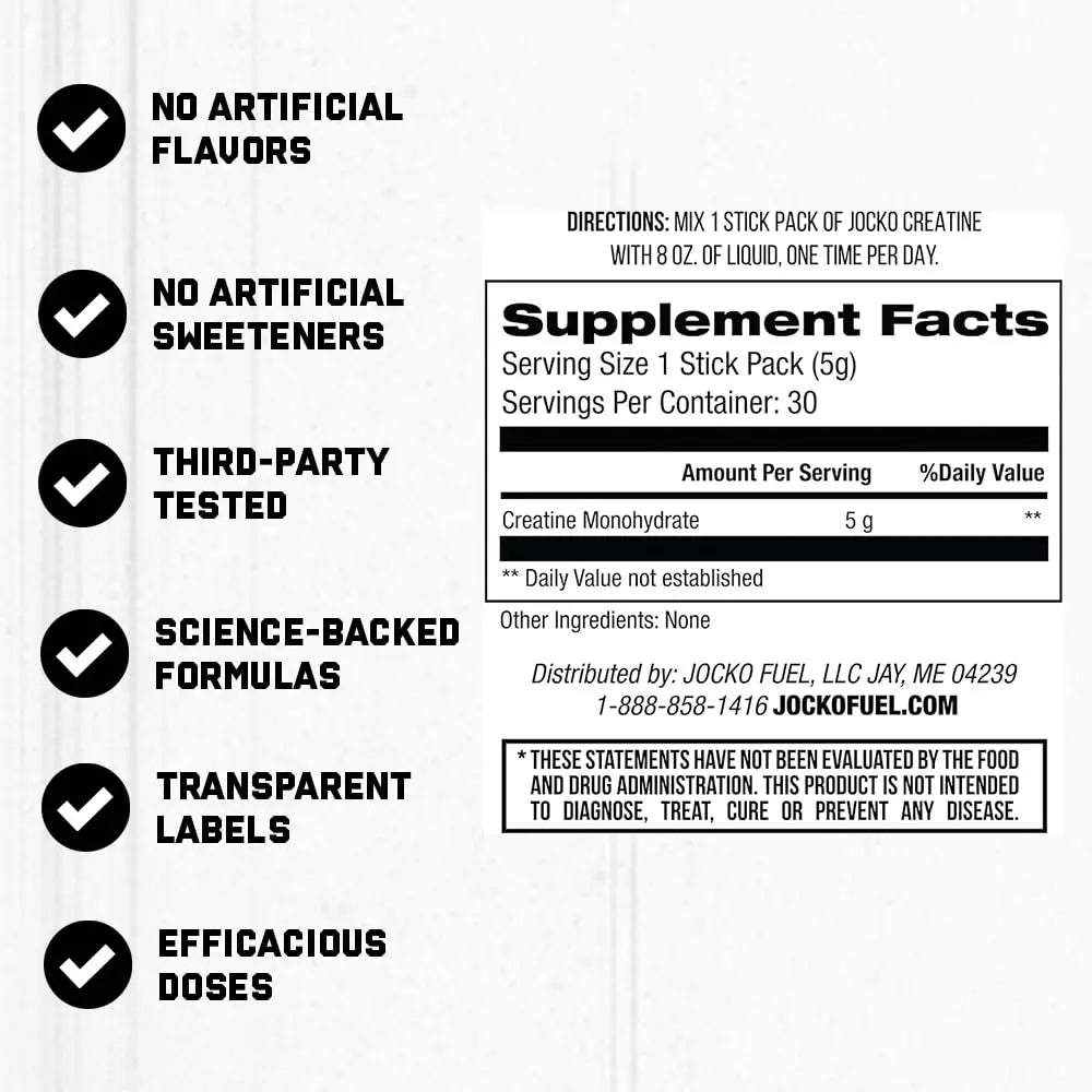 Jocko Fuel Creatine Monohydrate Stick Packs - Pure Micronized Travel Size Powders for Men & Women, Supports Muscle Growth, Strength, Recovery & Cognition, Jocko Fuel