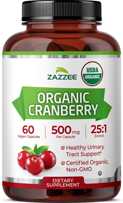 Zazzee USDA Organic Cranberry 25:1 Extract, 500mg per Capsule, 100 Capsules | Vegan, 3+ Month Supply, Certified Kosher, Vaccinium Macrocarpon, Non-GMO, Made in the USA Gsupps Australia