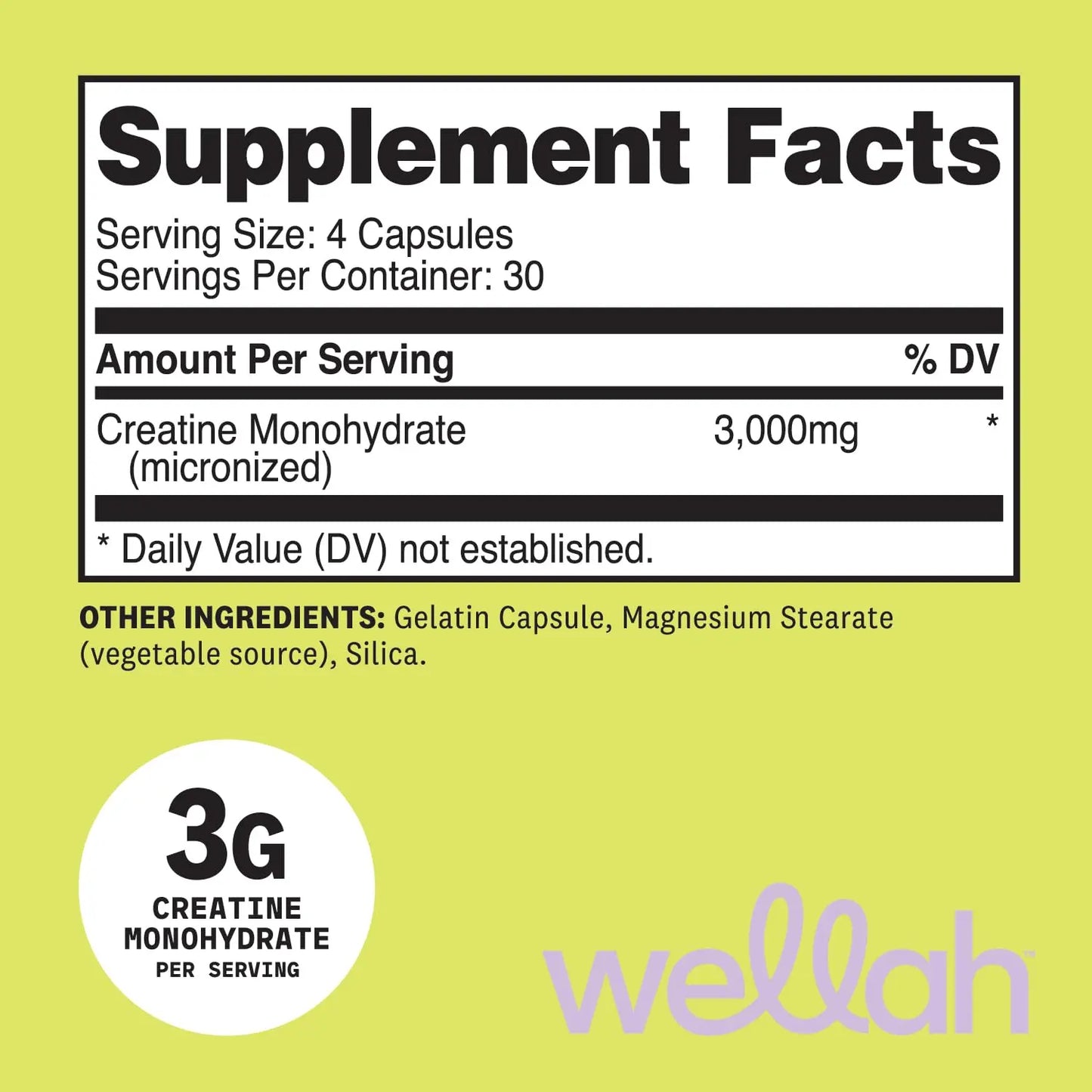 Wellah Creatine Monohydrate Capsules (3000 mg) 120 Capsules - Micronized Creatine, 30 Servings Wellah