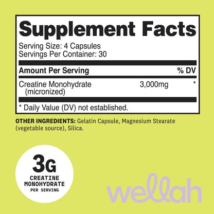 Wellah Creatine Monohydrate Capsules (3000 mg) 120 Capsules - Micronized Creatine, 30 Servings Wellah