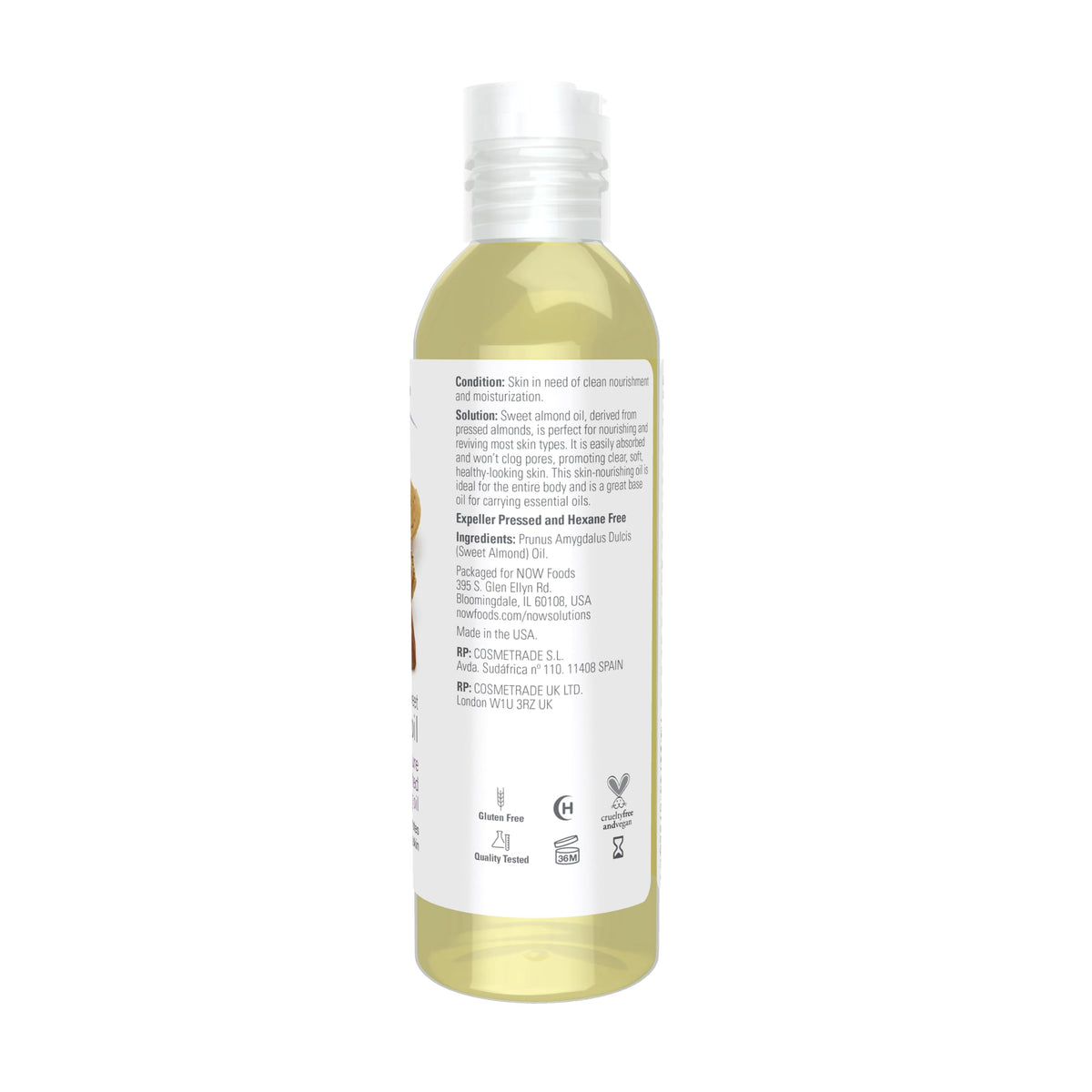 NOW Foods Solutions, Sweet Almond Oil, 100% Pure Moisturizing Oil, Promotes Healthy-Looking Skin, Unscented , 4-Ounce NOW