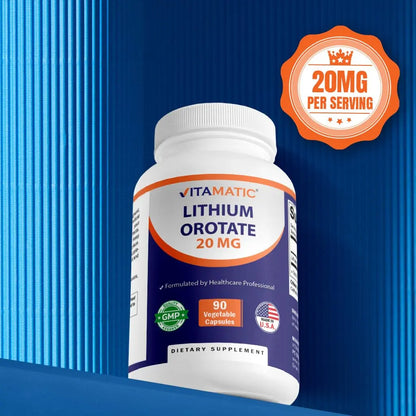 Vitamatic Lithium Orotate 20mg, 90 Capsules - Veggie Caps, Non-GMO, Gluten Free Vitamatic
