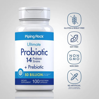 Piping Rock Probiotic and Prebiotic for Women and Men | 50 Billion CFU | 100 Capsules | Ultimate 14 Strain Supplement | Vegetarian, Non-GMO, Gluten Free Piping Rock