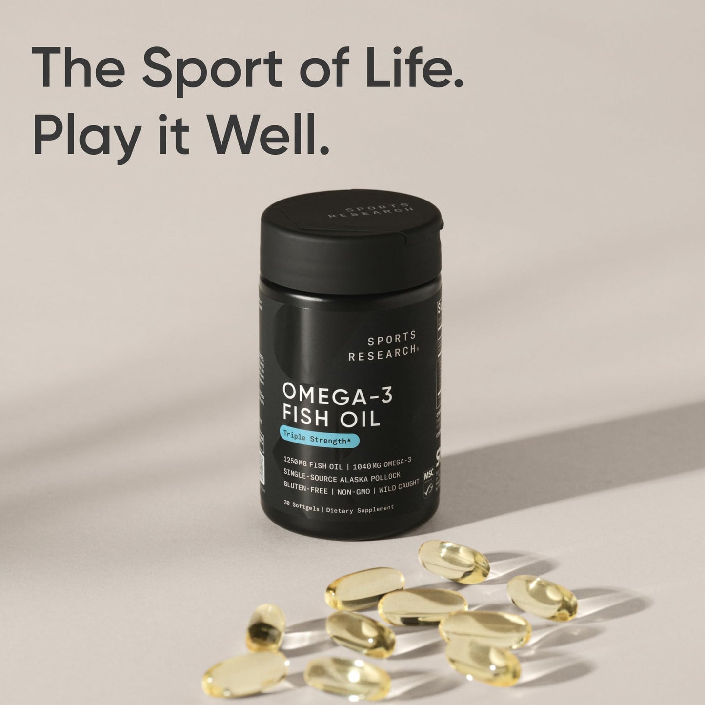 Sports Research® Omega-3 Fish Oil 1250mg from Wild Alaska Pollock, 90 Count | Always Fresh Never Fishy | 690mg EPA 260mg DHA per Softgel · Heart & Brain Health* · MSC Certified Sustainable - 90 Servings Gsupps Australia