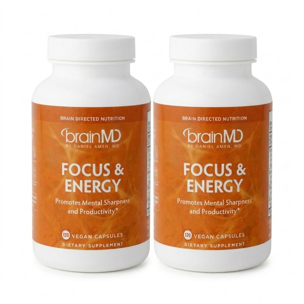 BRAINMD Dr Amen Focus & Energy - 120 Capsules - Mental Endurance Booster, Promotes Concentration & Attention - Caffeine Free, Gluten Free - 30 Servings