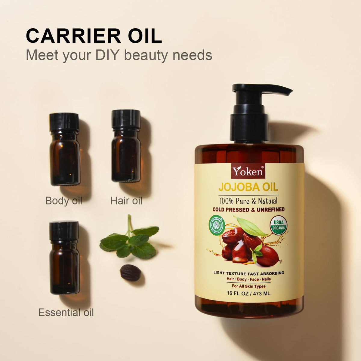 Yoken Organic Jojoba Oil 16oz, USDA Certified Cold Pressed for Skin Care Yoken