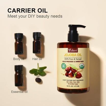 Yoken Organic Jojoba Oil 16oz, USDA Certified Cold Pressed for Skin Care Yoken