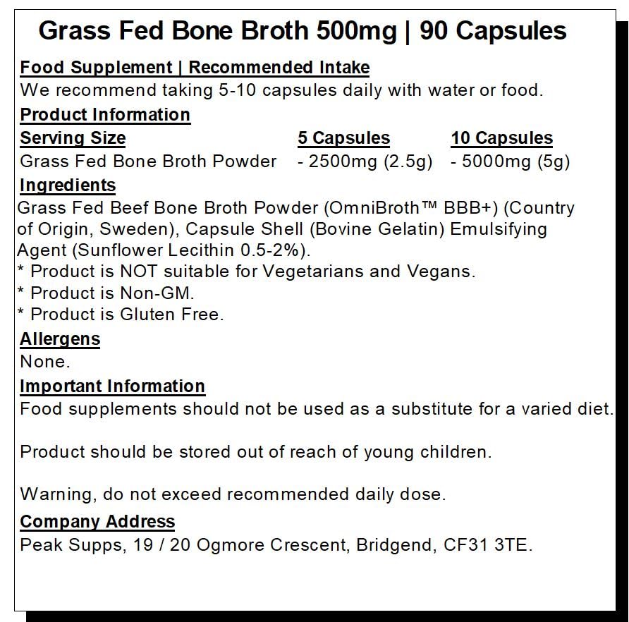 Grass fed Beef Bone Broth 500mg- 90 Capsules - Rich in Type 1 & 3 Collagen Peak Supps buy australia supplements