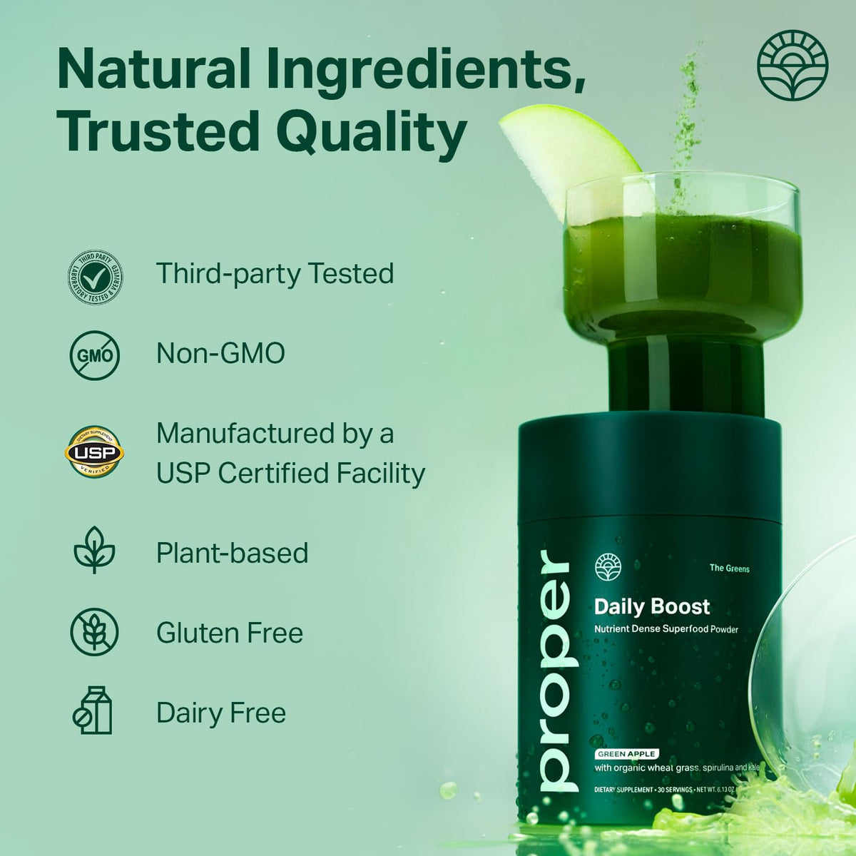 Proper, The Greens Daily Boost Organic Greens Powder. Whole Food, Apple Flavour Veggie Powder Superfood with Wheatgrass, Spirulina, Chlorella, Probiotics. Proper