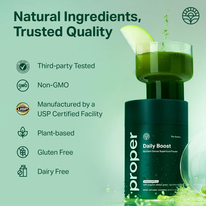 Proper, The Greens Daily Boost Organic Greens Powder. Whole Food, Apple Flavour Veggie Powder Superfood with Wheatgrass, Spirulina, Chlorella, Probiotics. Proper