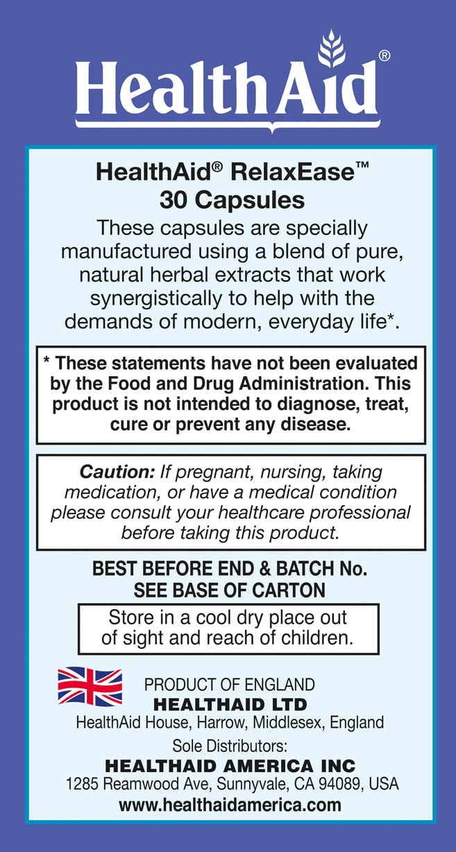 RelaxEase, Herbal Blend to Support Harmony and Tranquility, Once Daily, 30 ct, Helps Promote Health and Relaxation HealthAid buy australia supplements