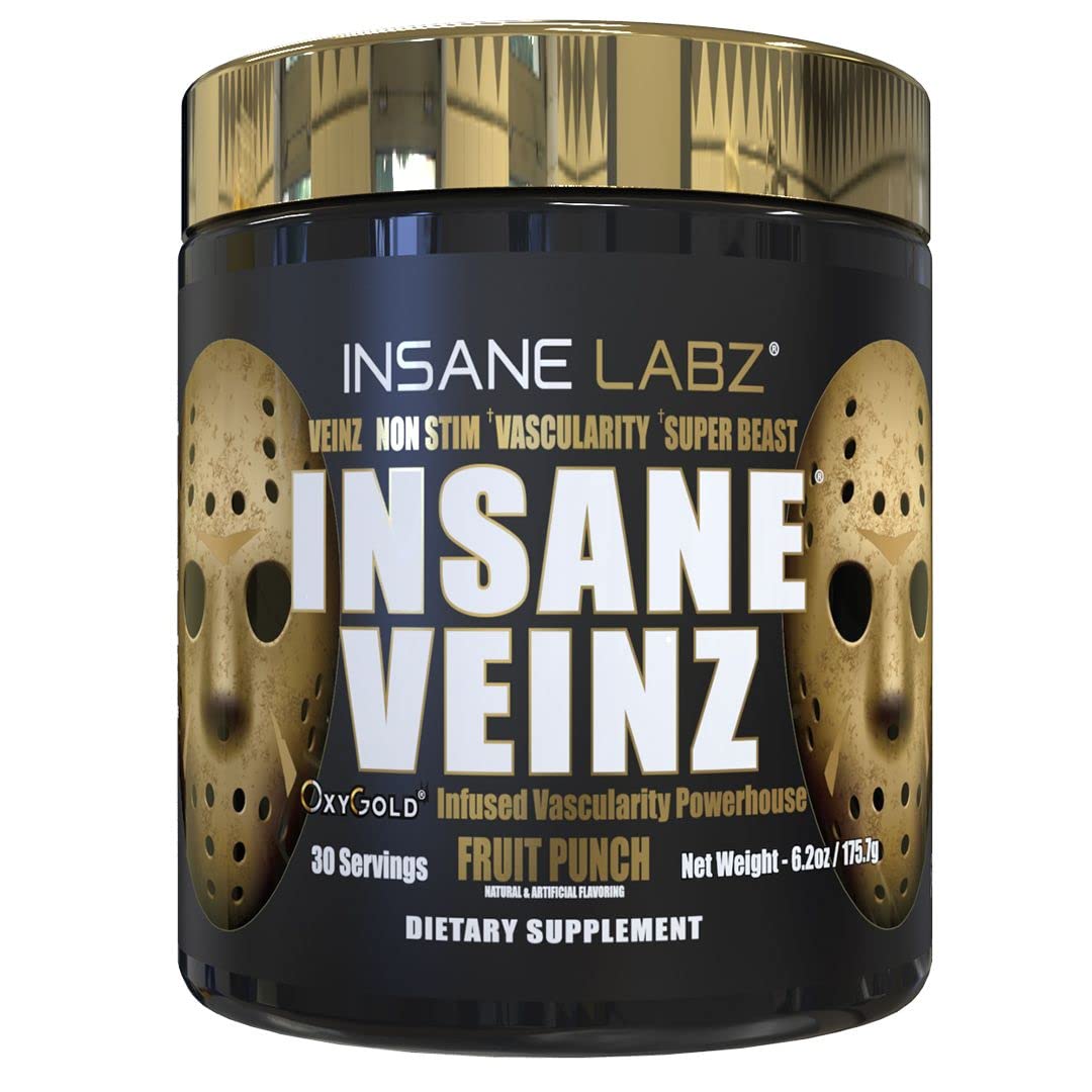 Insane Labz Psychotic Gold and Insane Veinz Gold Pre Workout Nitric Oxide Booster Stack, Increase Muscle Mass, Vascularity, Strength, Energy, Focus, Fruit Punch