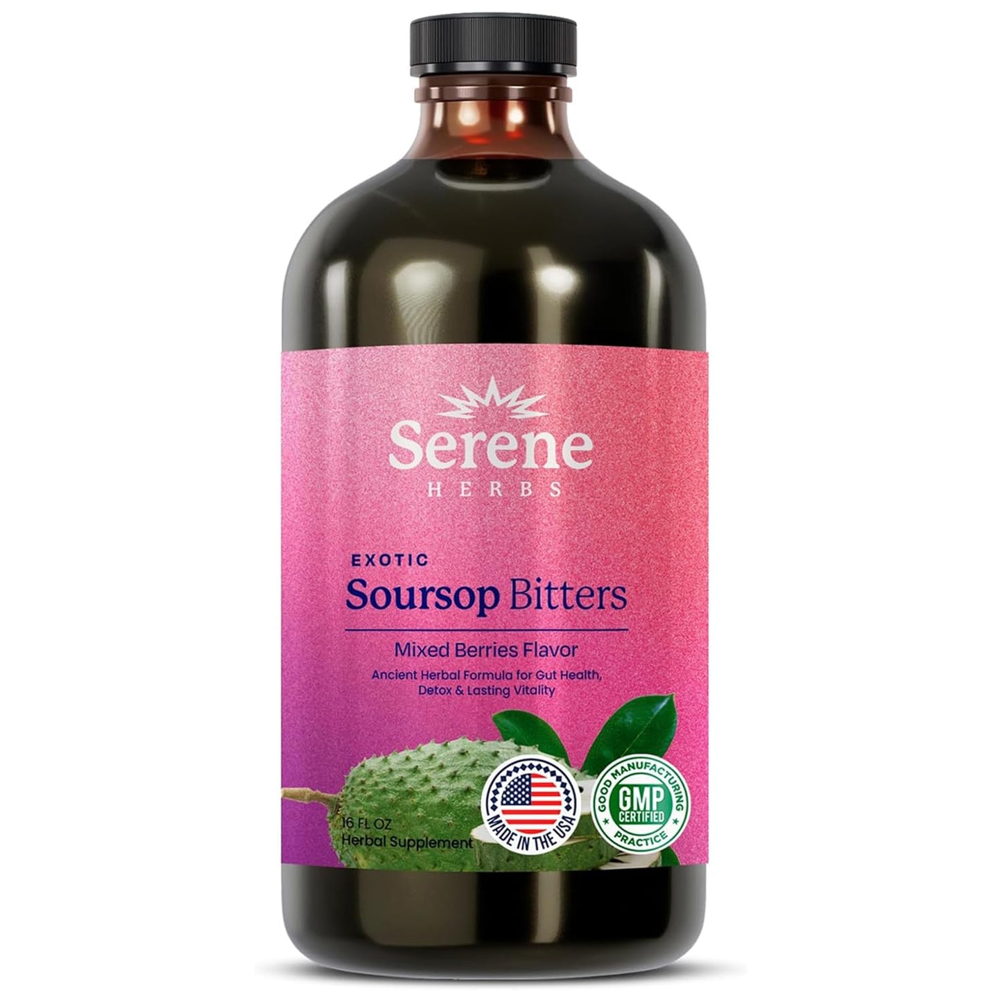 Serene Herbs Soursop Bitters Liquid with Soursop Leaves for Gut Cleanse, Detox & Immune Boost with Black Seed, Moringa, Irish Moss, Ashwaganda, Turmeric, 16 fl oz (16 Fl, Soursop)