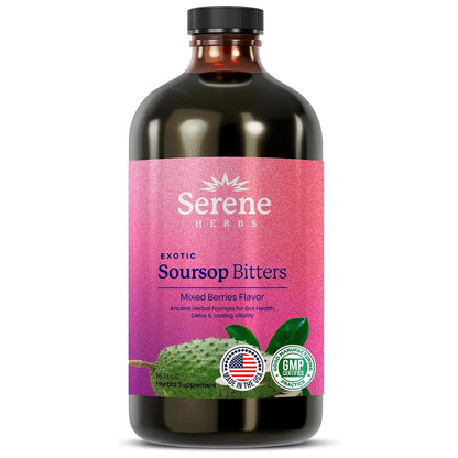 Serene Herbs Soursop Bitters Liquid with Soursop Leaves for Gut Cleanse, Detox & Immune Boost with Black Seed, Moringa, Irish Moss, Ashwaganda, Turmeric, 16 fl oz (16 Fl, Soursop)