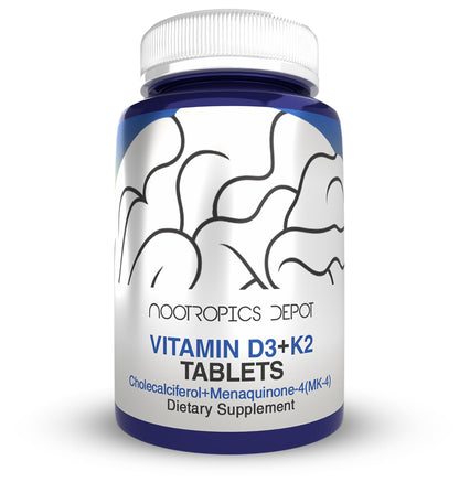 Nootropics Depot Vitamin D3 + K2 with Vitamin C Tablets | 60 Count | Cholecalciferol + Menaquinone-4 (MK-4) | Mood, & Bone Health | Healthy Calcium Absorption