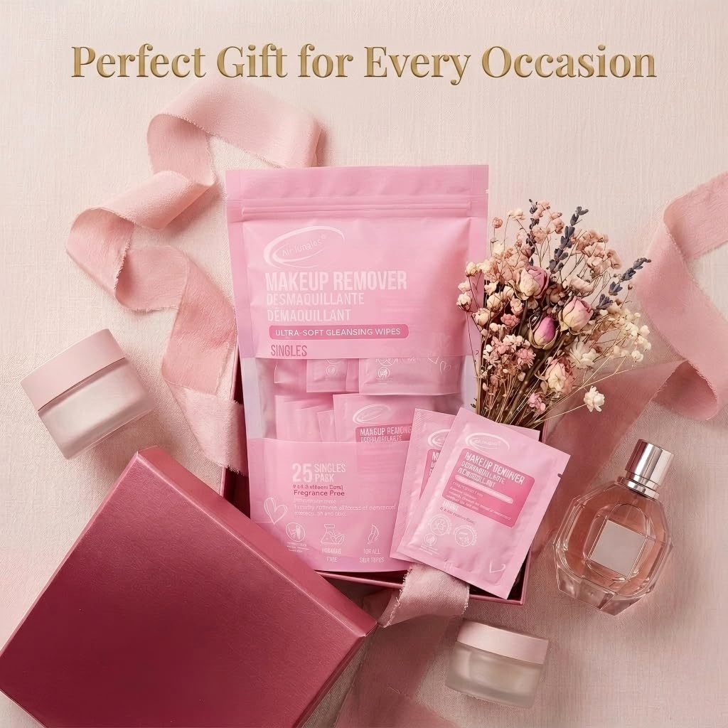 Air Jungles Pink Micellar Makeup Remover Wipes 25 Ct, Individually Wrapped Air Jungles
