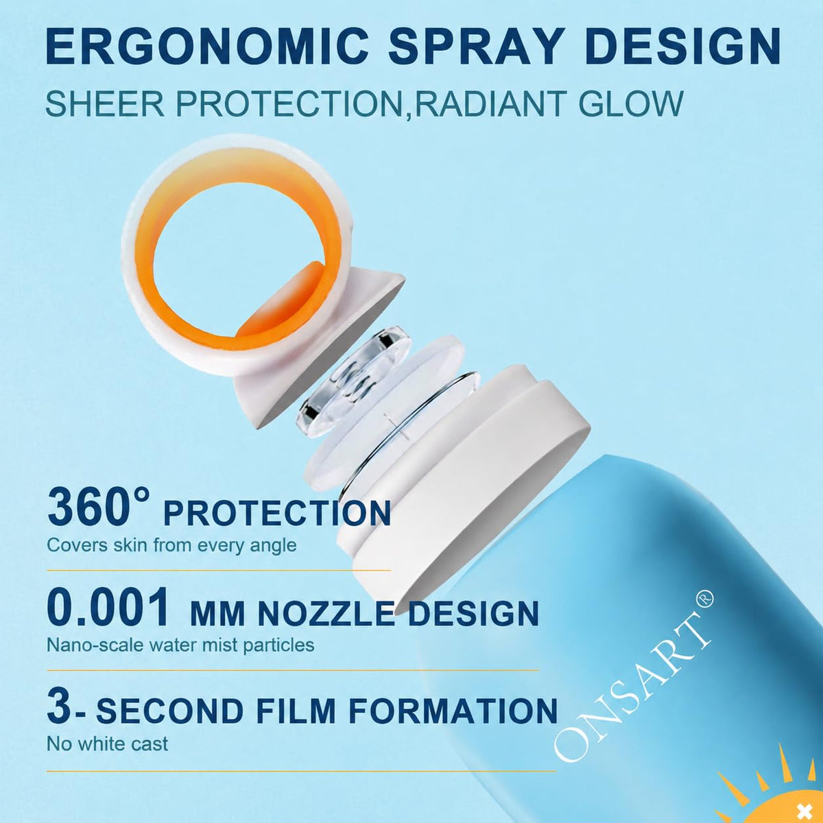 Reef Safe Sunscreen Spray SPF 50, Zinc Oxide Mineral Sunscreen Spray, Broad Spectrum UVA/UVB Protection, 360° Spray, Lightweight & Water Resistant, 6.76oz/200ml ONSART