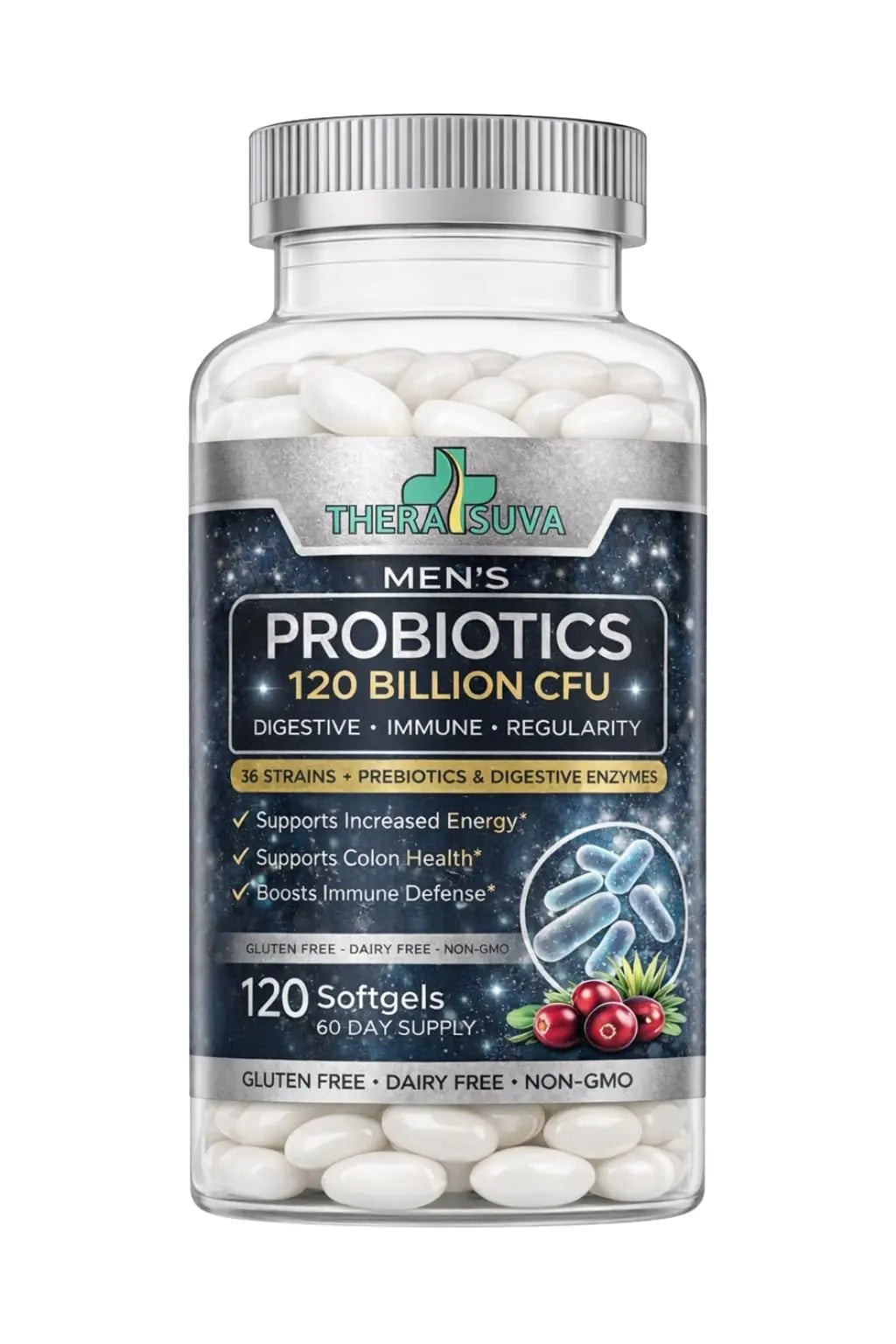 Men’s Advanced Probiotics 120 Billion CFU - 36 Strains + Prebiotics, Enzymes & Veggie Blend for Gut, Immune & Colon Health - 2 Month Supply, 120 Softgels TheraSuva