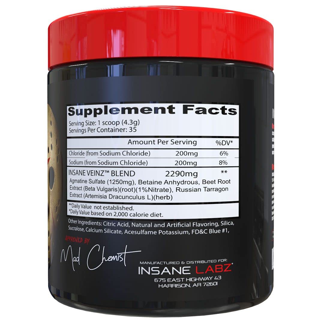 Insane Labz Insane Veinz Non Stimulant NO Enhancing Powder, Nitric Oxide Booster, Loaded with Agmatine Sulfate and Betaine Anhydrous, Increase Vascularity, 35 Srvgs, Fruit Punch