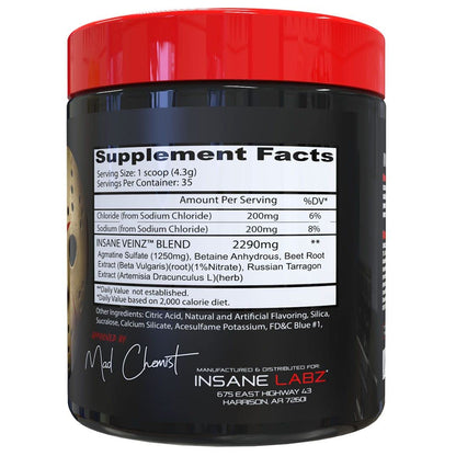 Insane Labz Insane Veinz Non Stimulant NO Enhancing Powder, Nitric Oxide Booster, Loaded with Agmatine Sulfate and Betaine Anhydrous, Increase Vascularity, 35 Srvgs, Fruit Punch