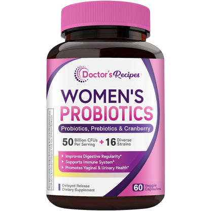 Doctor's Recipes Women's Probiotic, 60 Caps 50 Billion CFU 16 Strains, with Organic Cranberry, Digestive Immune Vaginal & Urinary Health, Shelf Stable Doctor's Recipes