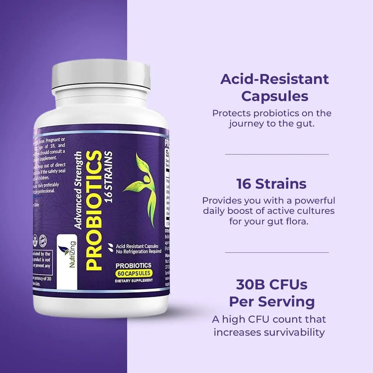 NutriZing Vegan Probiotics for Digestive Health - 30 Billion CFU & 16 strains - Bifidobacterium & Lactobacillus Probiotics for Men & Women NutriZing