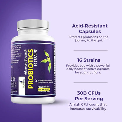 NutriZing Vegan Probiotics for Digestive Health - 30 Billion CFU & 16 strains - Bifidobacterium & Lactobacillus Probiotics for Men & Women NutriZing