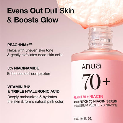 Anua Peach 70 Niacinamide Serum, Daily Glow Serum For Face, Skin Tone & Dullness Care with Vitamin B12, Lightweight ANUA