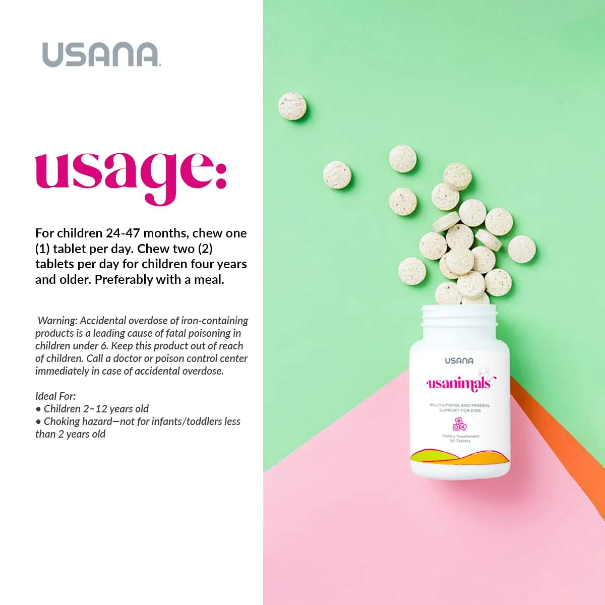 USANA Usanimals Multivitamin for Kids - Daily Chewable Tablets with Vitamins A, C, D, E, B6, B12, Zinc, Iron - Supports Immune, Bone & Brain Health USANA buy australia supplements