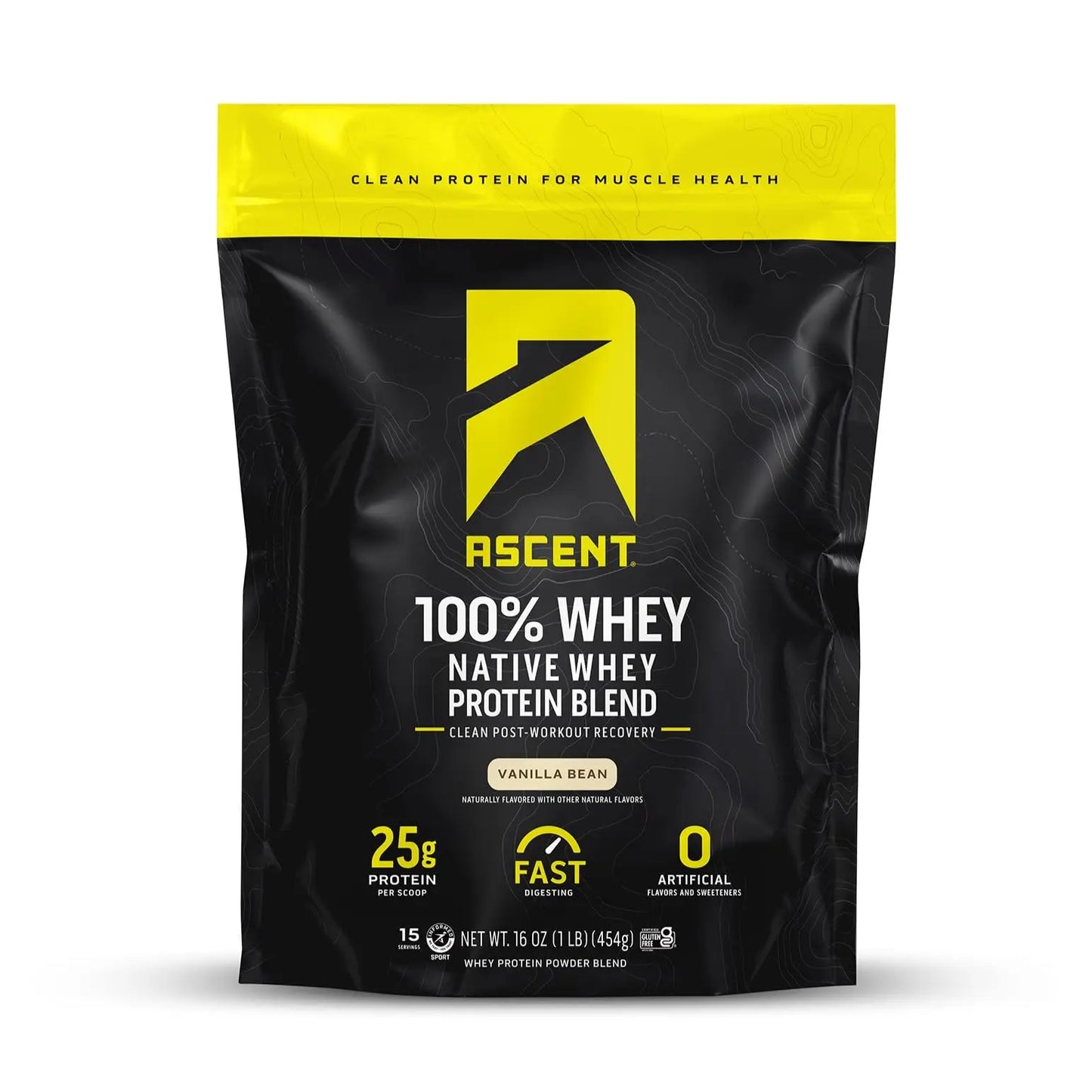 Ascent 100% Whey Protein Powder - Post Workout Whey Protein Isolate, Zero Artificial Flavors & Sweeteners, Gluten Free, 5.5g BCAA, Ascent