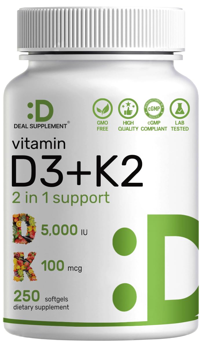 DEAL SUPPLEMENT Vitamin D3 5,000 IU + K2 MK7 Softgels, 250 Count | 2-in-1 Complex | Easy to Swallow DEAL SUPPLEMENT