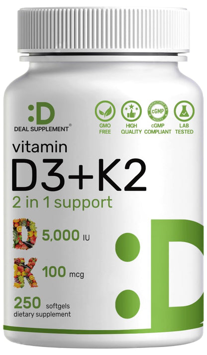 DEAL SUPPLEMENT Vitamin D3 5,000 IU + K2 MK7 Softgels, 250 Count | 2-in-1 Complex | Easy to Swallow DEAL SUPPLEMENT