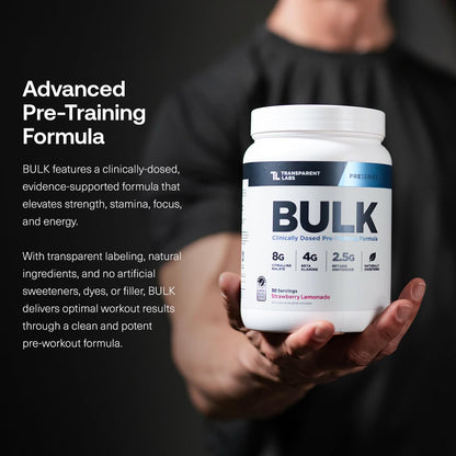 Transparent Labs Bulk Pre Workout Powder - Naturally Sweetened Preworkout for Men & Women, Pre Work Out for Muscle Building & Strength w/Beta Alanine & BetaPure - 30 Servings, Strawberry Lemonade