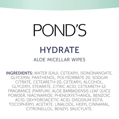 Pond's Vitamin Micellar Wipes For Dry Skin Hydrate Aloe Vera Removes Waterproof Makeup 25 Wipes (Pack of 2) POND'S